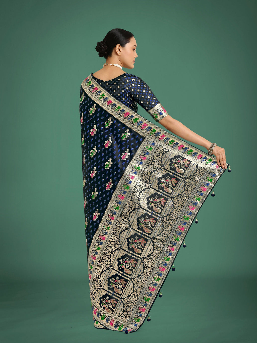 Monjolika Fashion Dark blue With Gold Bordar Banarasi Zari Woven Satin Saree | Grocsy
