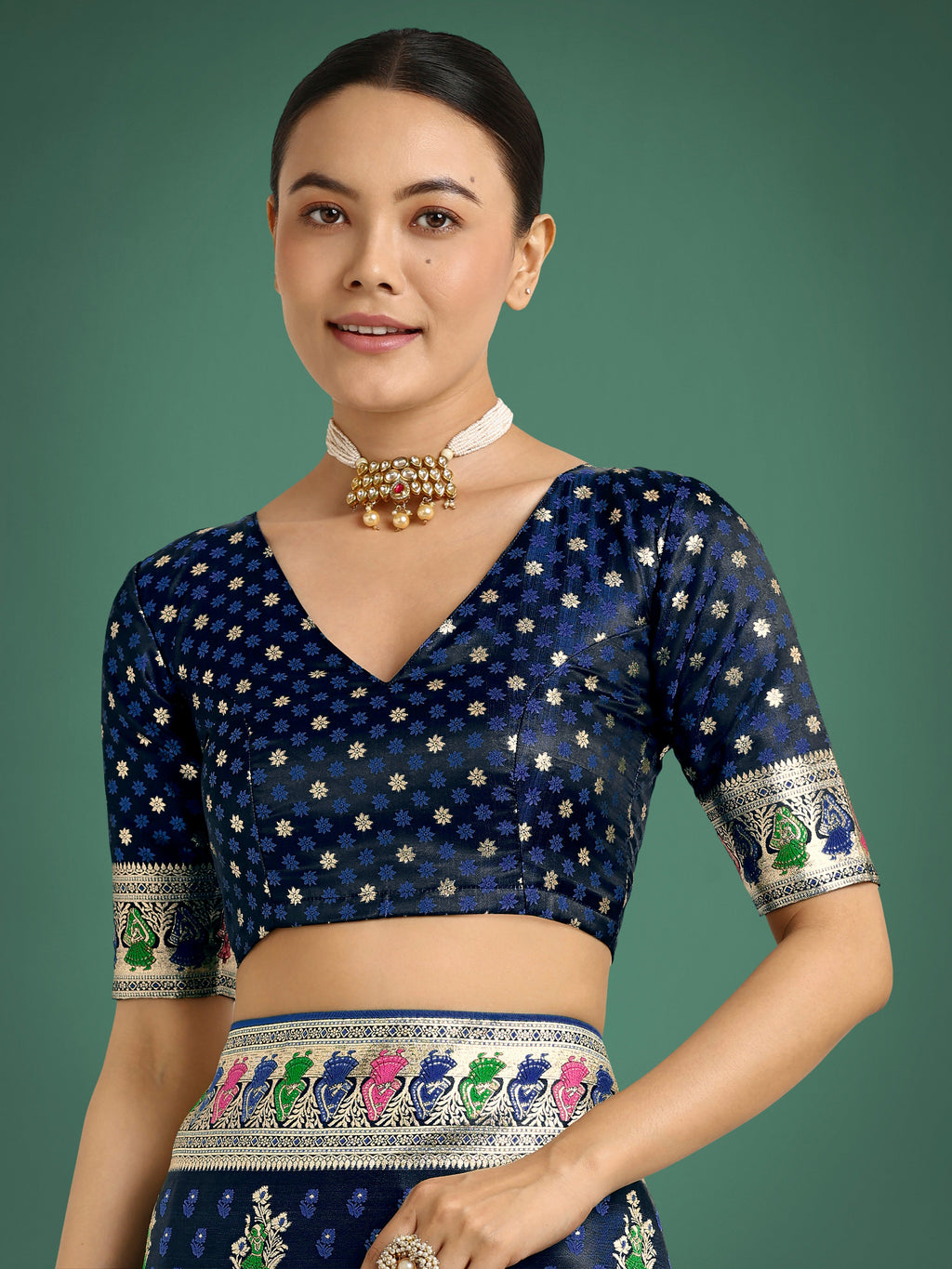 Monjolika Fashion Dark blue With Gold Bordar Banarasi Zari Woven Satin Saree | Grocsy