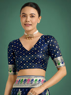 Monjolika Fashion Dark blue With Gold Bordar Banarasi Zari Woven Satin Saree | Grocsy