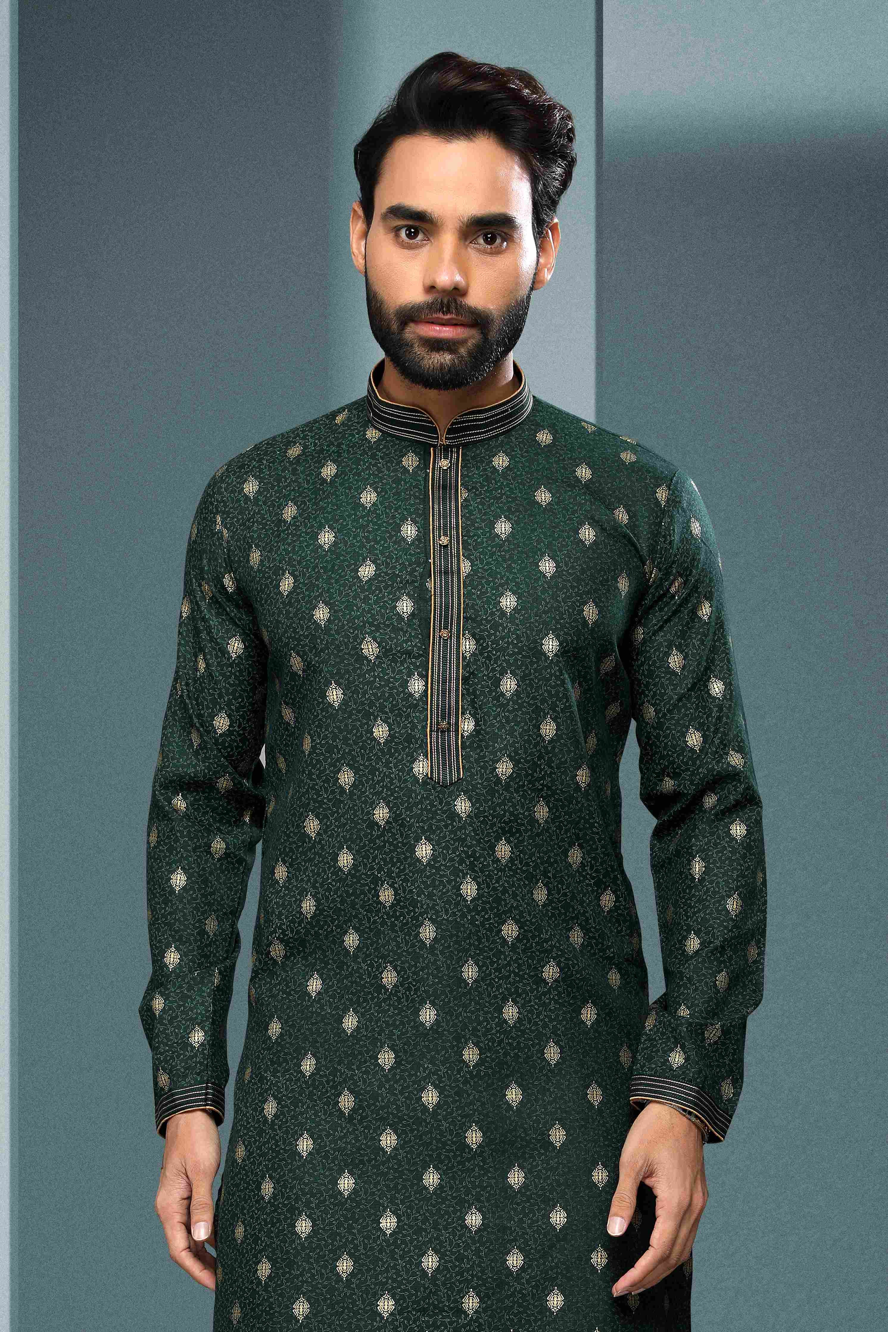 Raivat Ethnic Cotton Digital Print Pintux Work Kurta Pajama In Green Colour | Grocsy