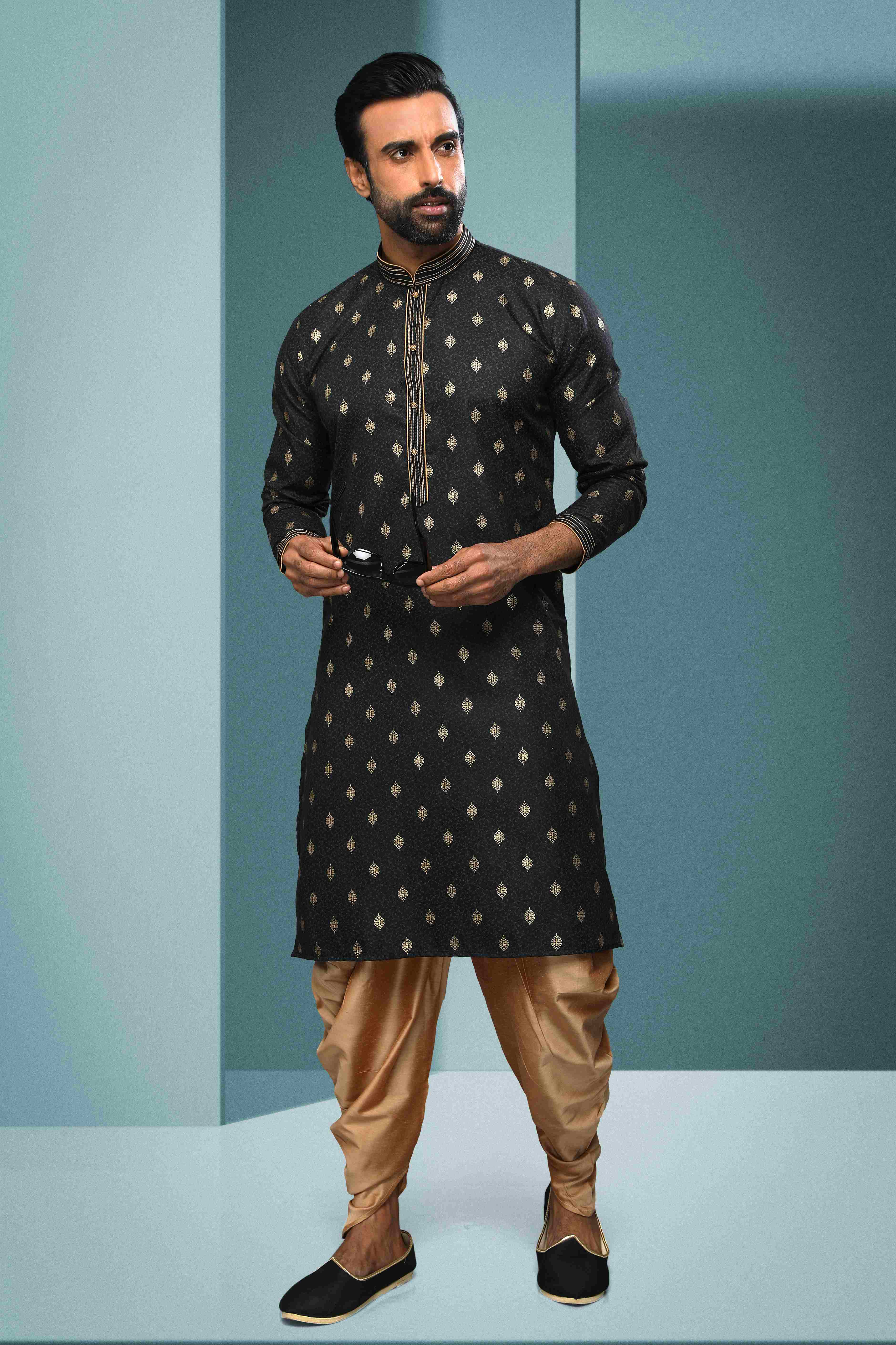 Raivat Ethnic Cotton Digital Print Pintux Work Kurta Pajama In Black Colour | Grocsy