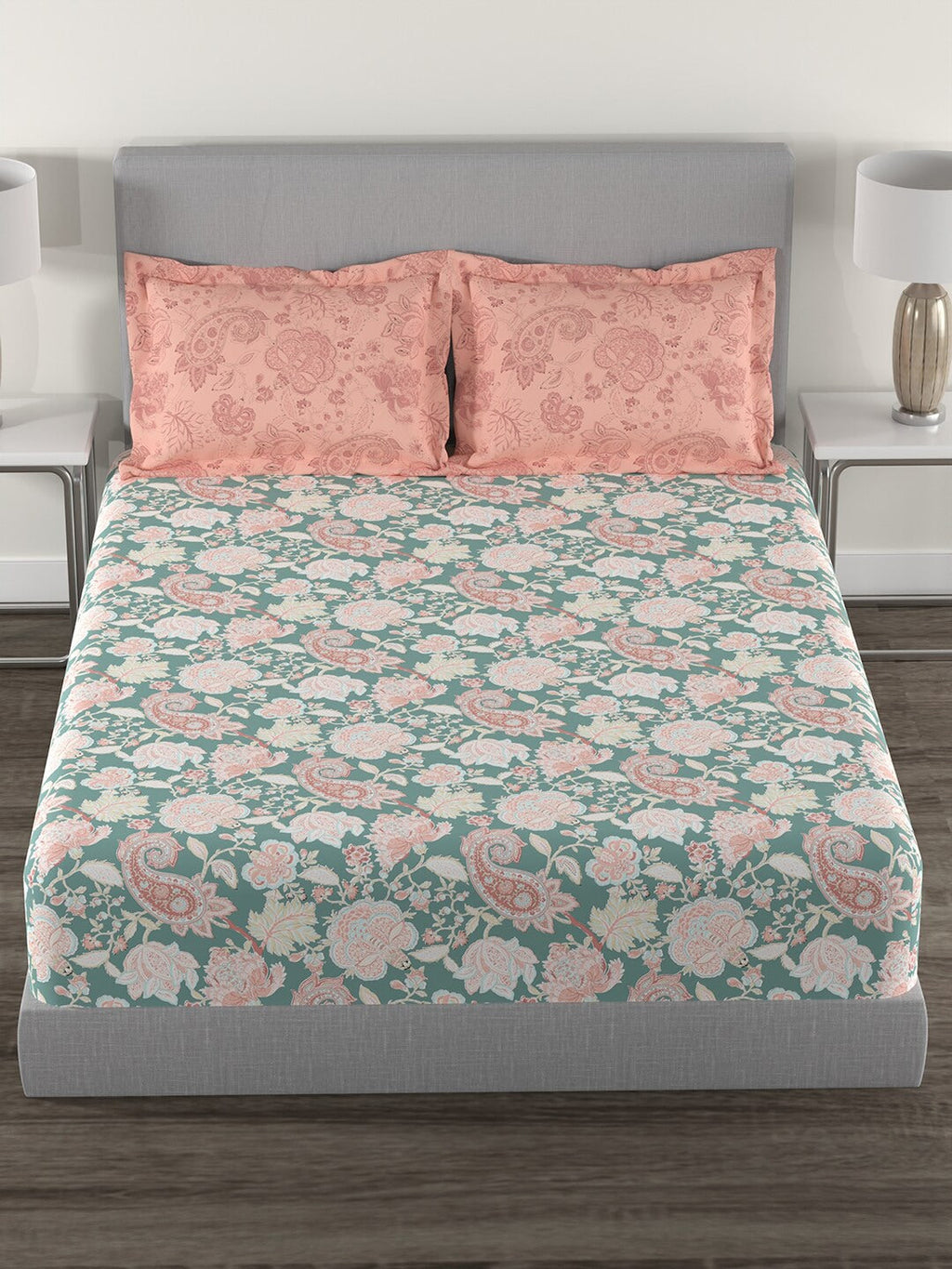 MYTRIDENT Green White Ethnic Motifs Cotton 144 TC Queen Bedsheet With 2 Pillow Covers | Grocsy