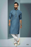 Raivat Ethnic Cotton Digital Print Mirror Work Kurta Pajama In Blue Colour | Grocsy