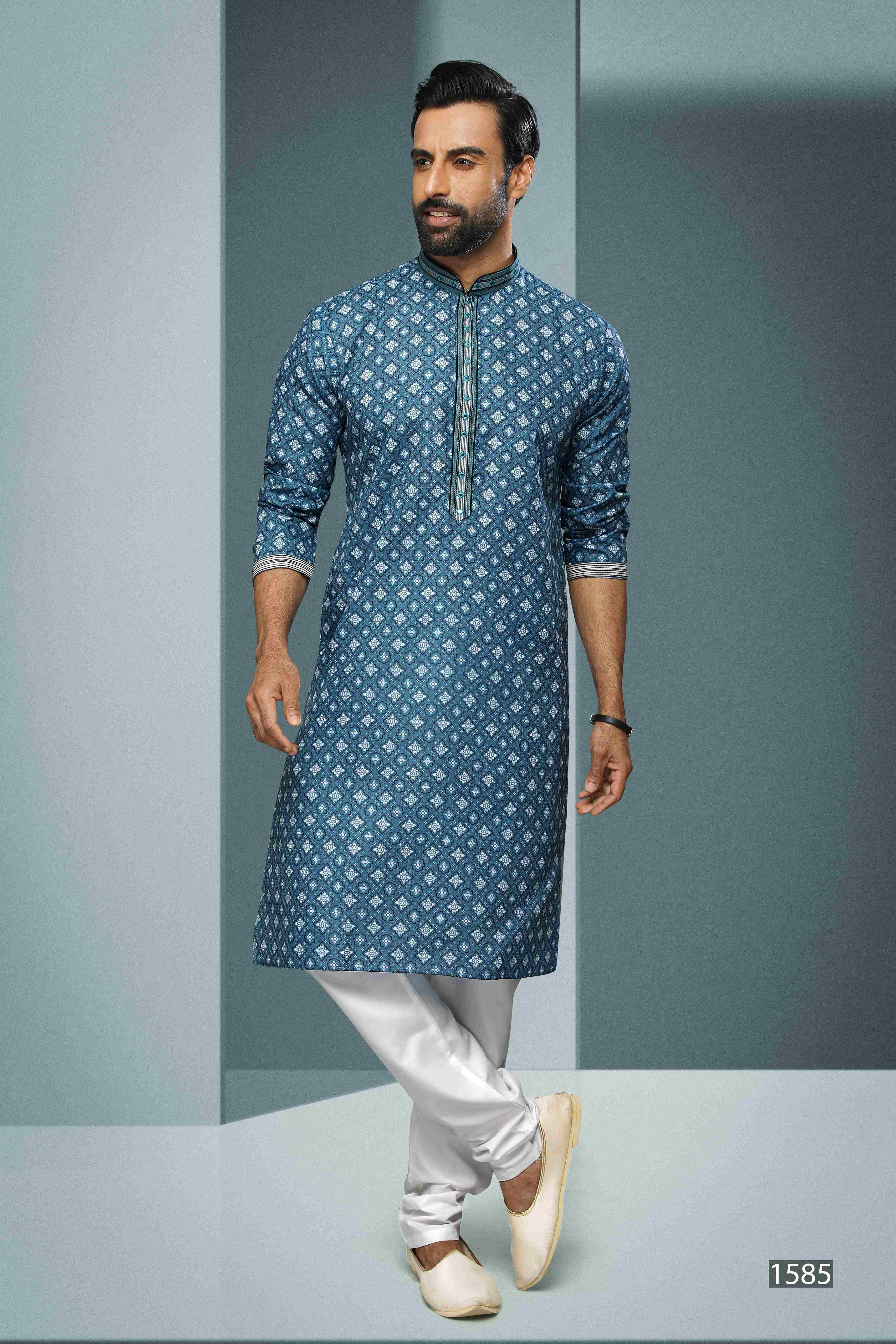 Raivat Ethnic Cotton Digital Print Mirror Work Kurta Pajama In Blue Colour | Grocsy
