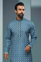 Raivat Ethnic Cotton Digital Print Mirror Work Kurta Pajama In Blue Colour | Grocsy