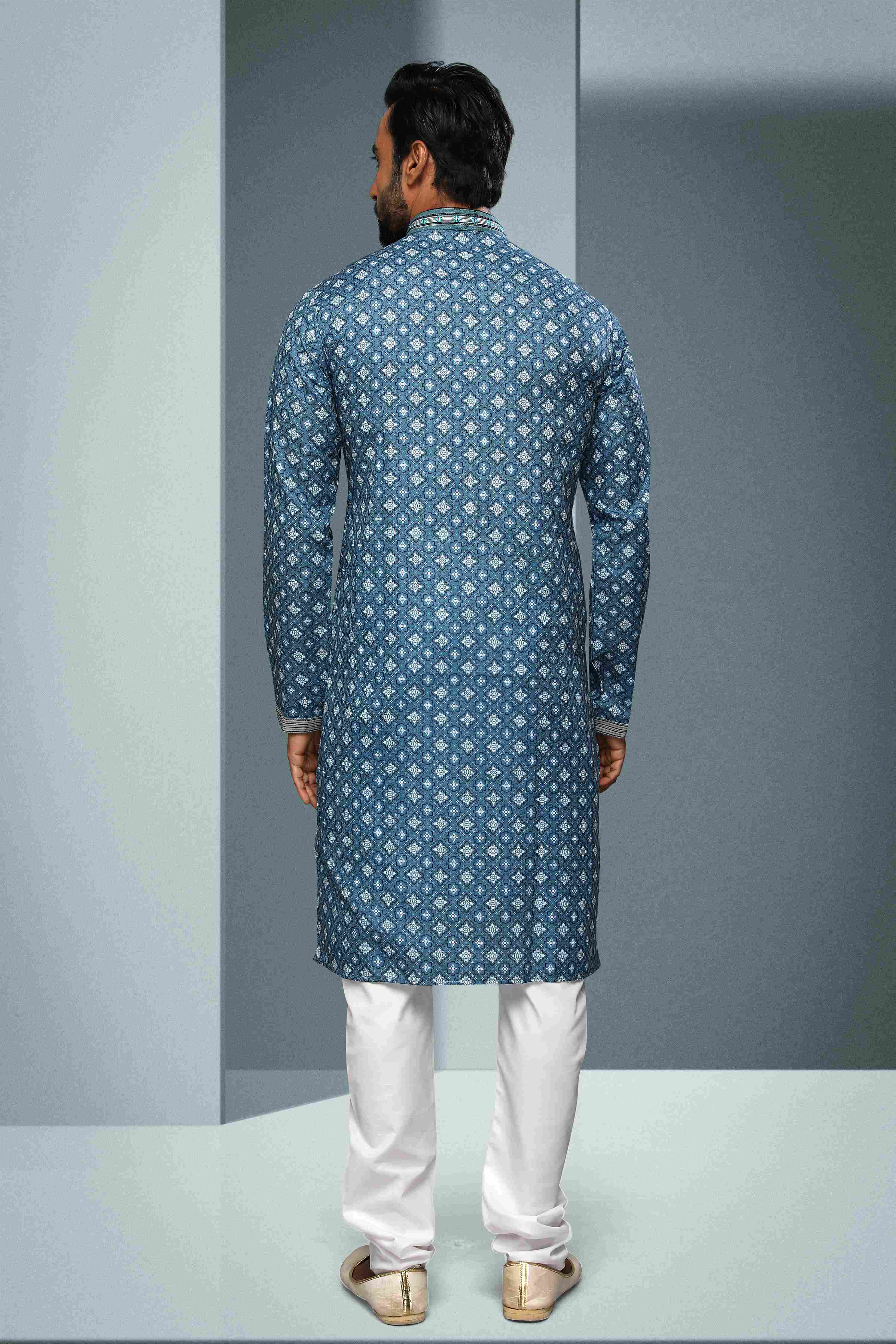 Raivat Ethnic Cotton Digital Print Mirror Work Kurta Pajama In Blue Colour | Grocsy