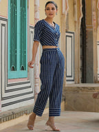 Juniper Navy blue Striped Printed cotton flex Crop Top & Pants Set With Thread Work | Grocsy