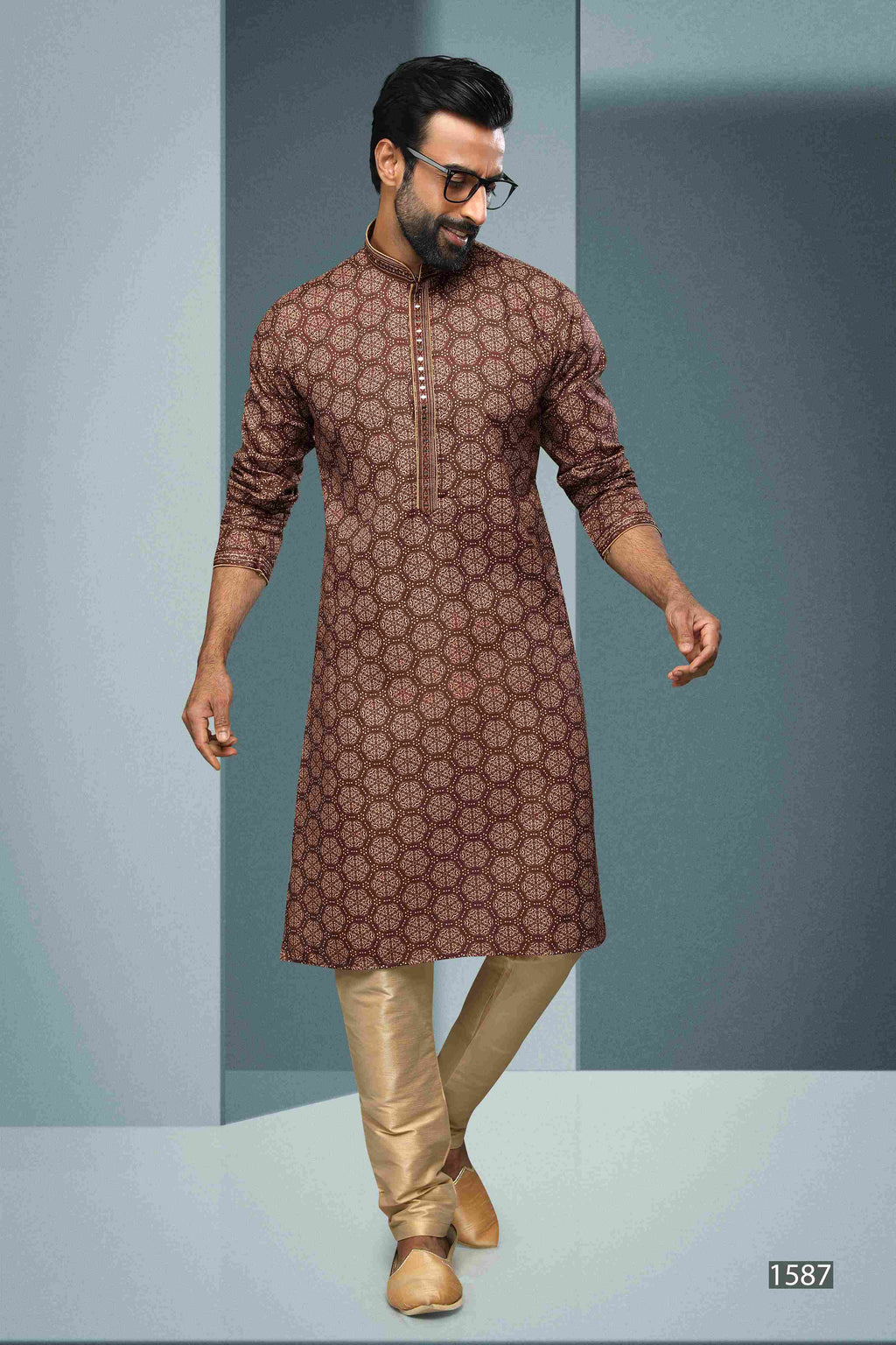 Raivat Ethnic Cotton Digital Print Mirror Work Kurta Pajama In Brown Colour | Grocsy