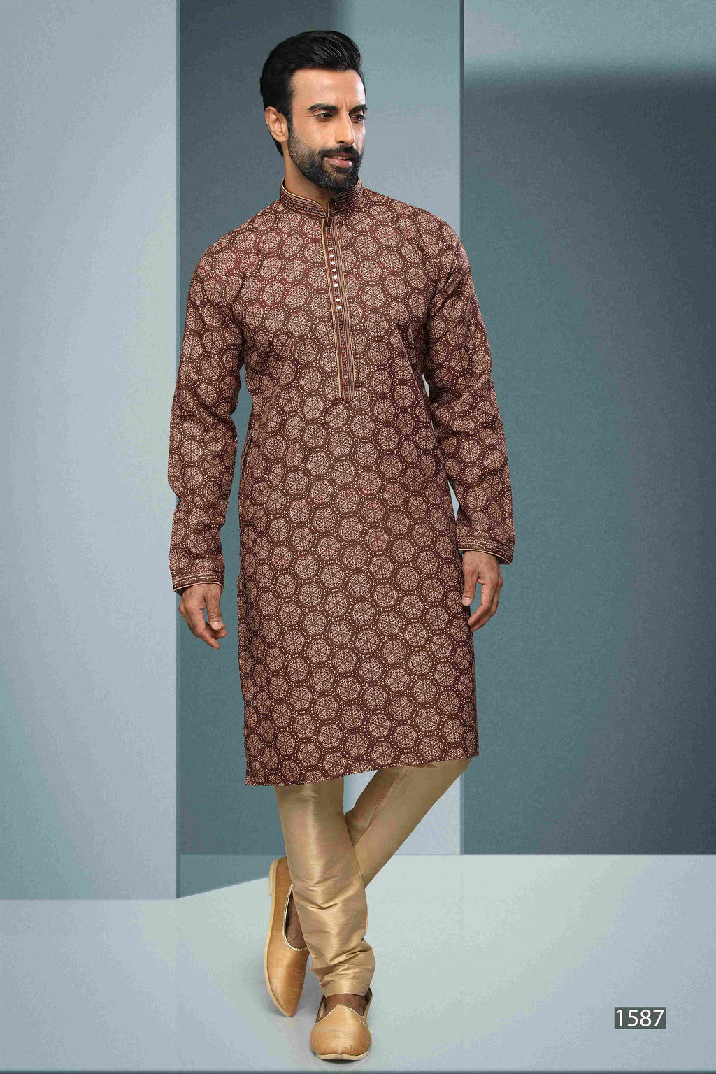 Raivat Ethnic Cotton Digital Print Mirror Work Kurta Pajama In Brown Colour | Grocsy