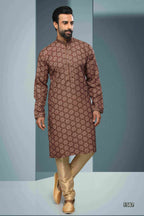Raivat Ethnic Cotton Digital Print Mirror Work Kurta Pajama In Brown Colour | Grocsy