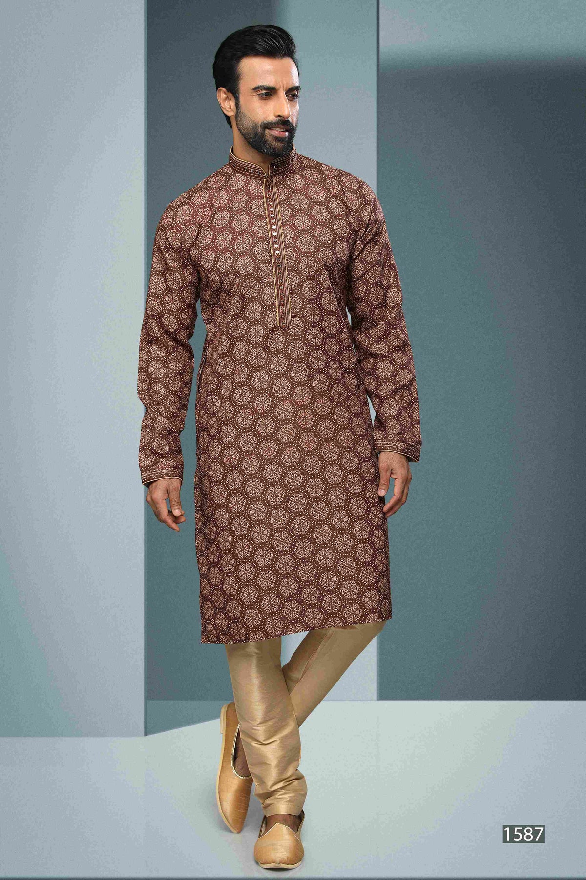 Raivat Ethnic Cotton Digital Print Mirror Work Kurta Pajama In Brown Colour | Grocsy