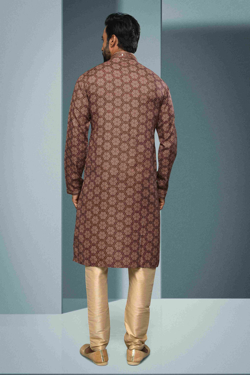 Raivat Ethnic Cotton Digital Print Mirror Work Kurta Pajama In Brown Colour | Grocsy