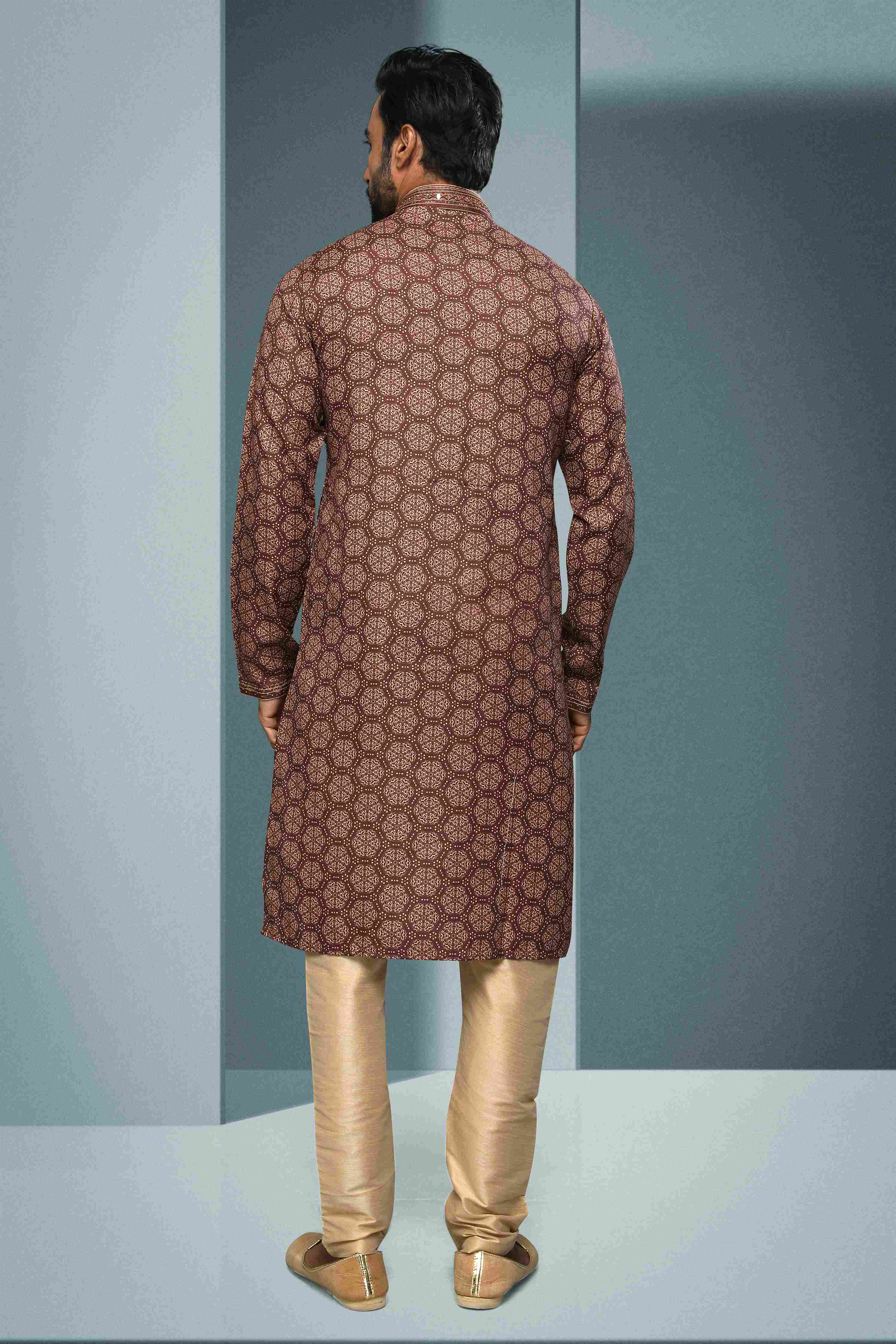 Raivat Ethnic Cotton Digital Print Mirror Work Kurta Pajama In Brown Colour | Grocsy