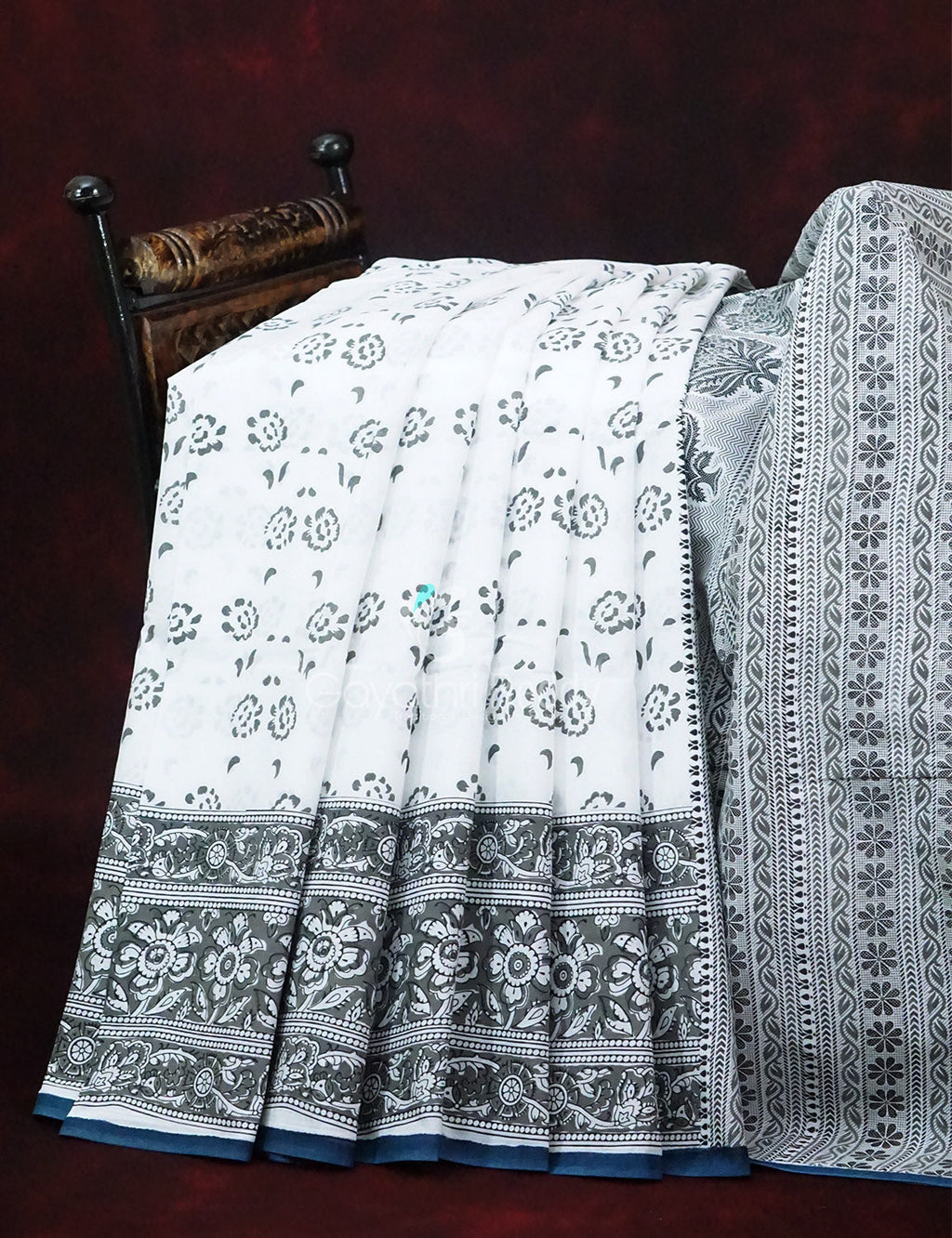 Mix of White and Grey Block Print Mulmul Cotton Saree By Gayathri Reddy Designer Studio | Grocsy