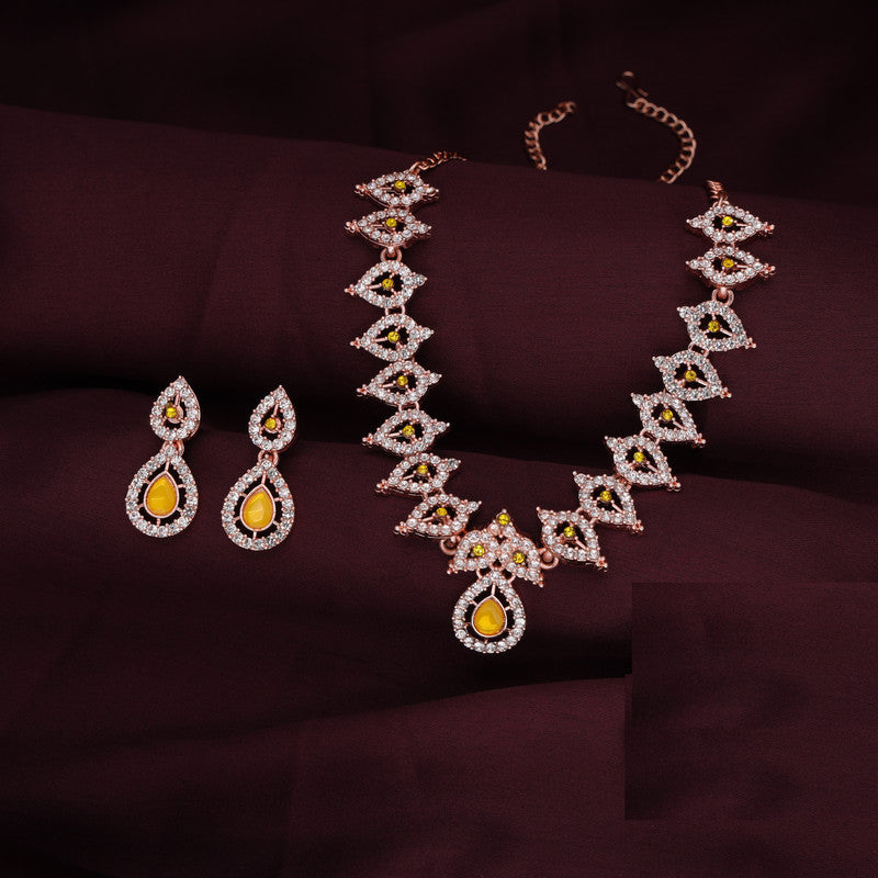 Tehzeeb Creations Yellow Colour Ad Studded Necklace Jewellery Set With Matching Earrings For Women And Girls | Grocsy