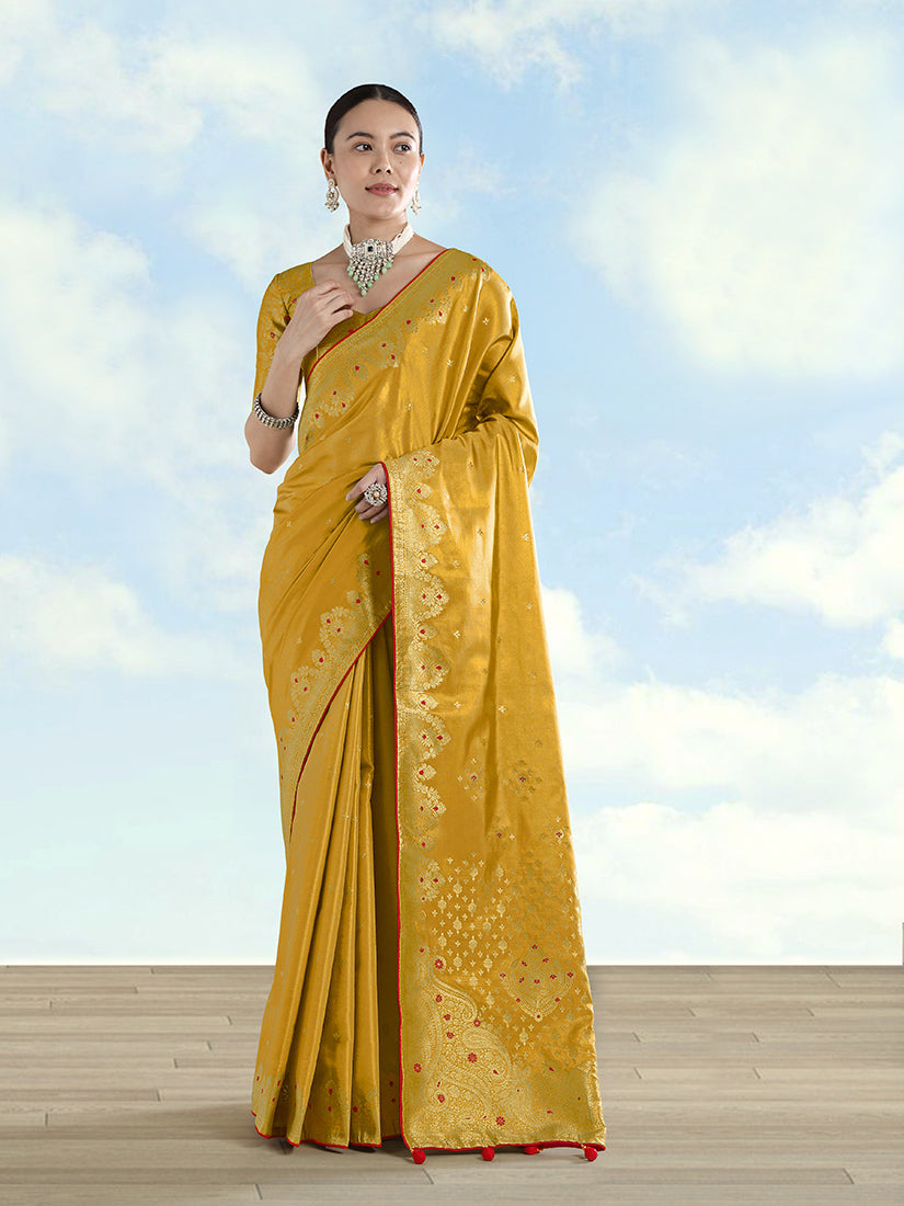 Monjolika Fashion Mustard Color Paisley Zari Woven Banarasi Tissue Silk Saree | Grocsy