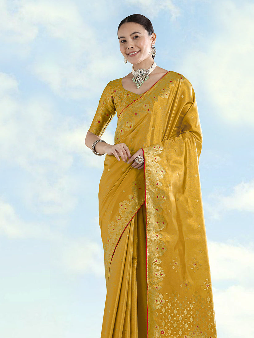 Monjolika Fashion Mustard Color Paisley Zari Woven Banarasi Tissue Silk Saree | Grocsy