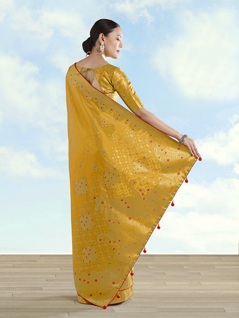 Monjolika Fashion Mustard Color Paisley Zari Woven Banarasi Tissue Silk Saree | Grocsy