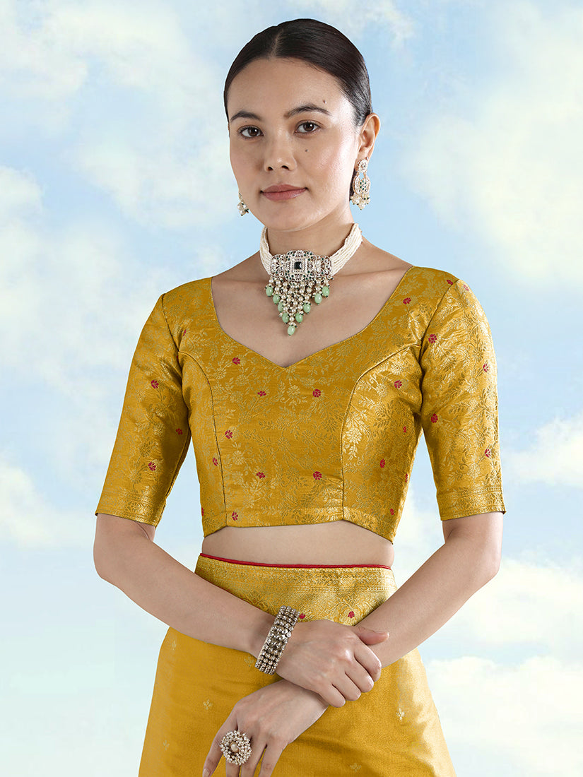 Monjolika Fashion Mustard Color Paisley Zari Woven Banarasi Tissue Silk Saree | Grocsy