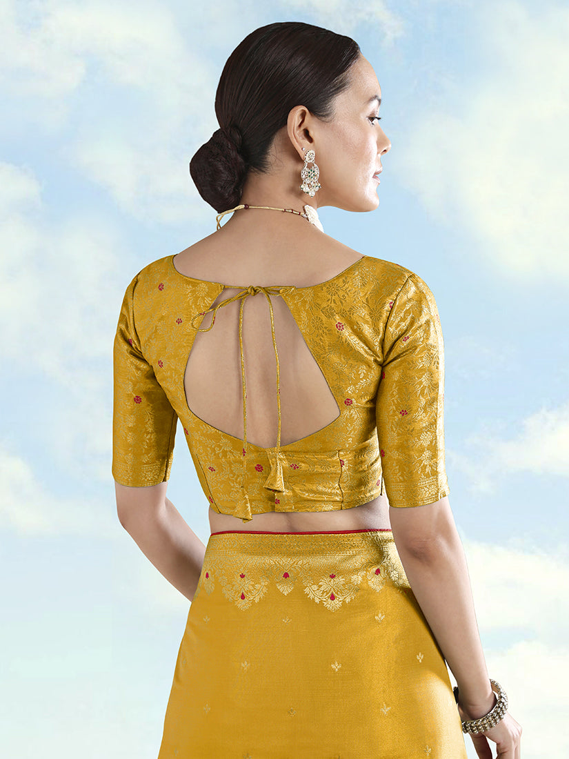 Monjolika Fashion Mustard Color Paisley Zari Woven Banarasi Tissue Silk Saree | Grocsy