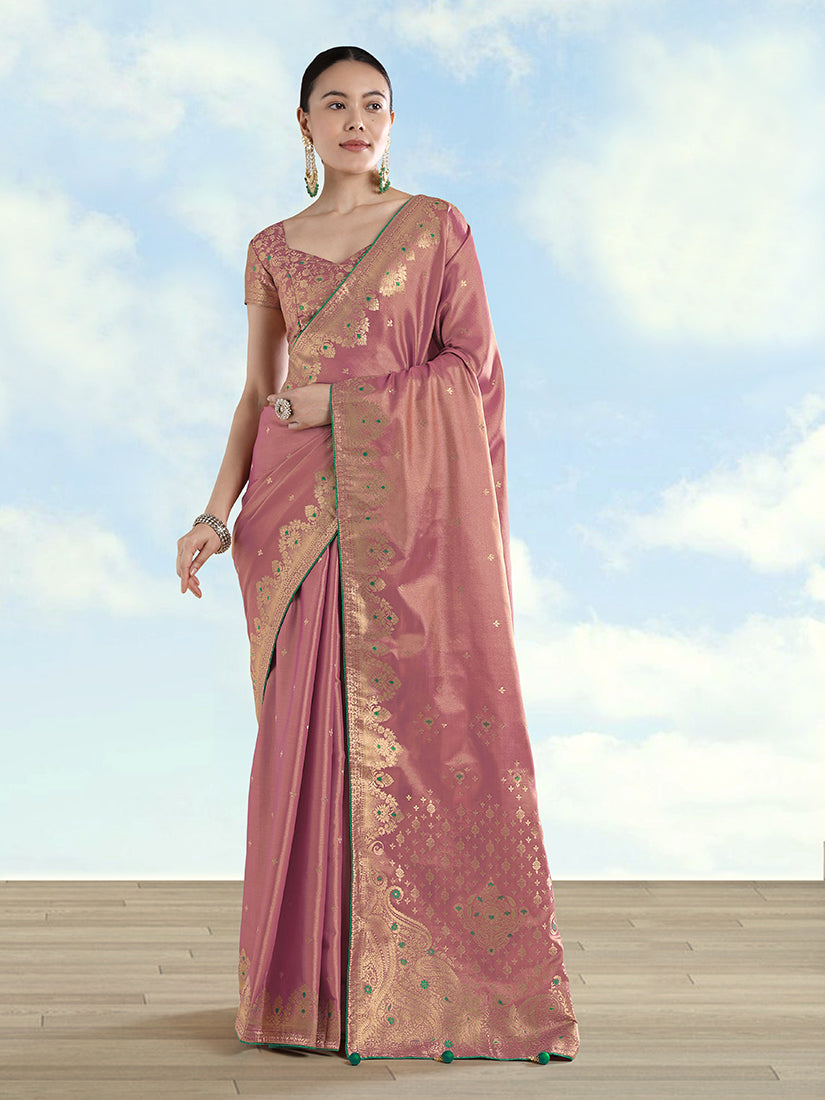 Monjolika Fashion Light Pink Color Paisley Zari Woven Banarasi Tissue Silk Saree | Grocsy