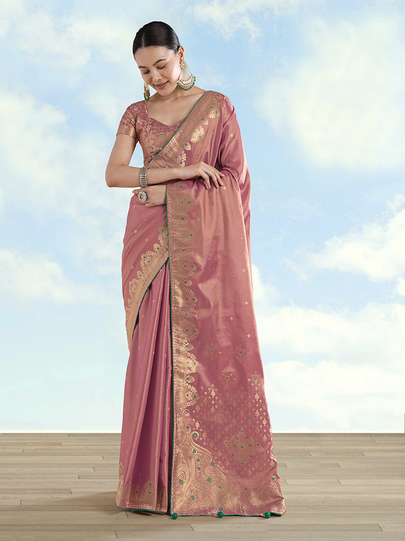 Monjolika Fashion Light Pink Color Paisley Zari Woven Banarasi Tissue Silk Saree | Grocsy