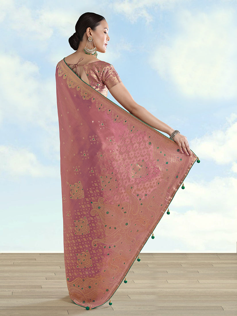 Monjolika Fashion Light Pink Color Paisley Zari Woven Banarasi Tissue Silk Saree | Grocsy
