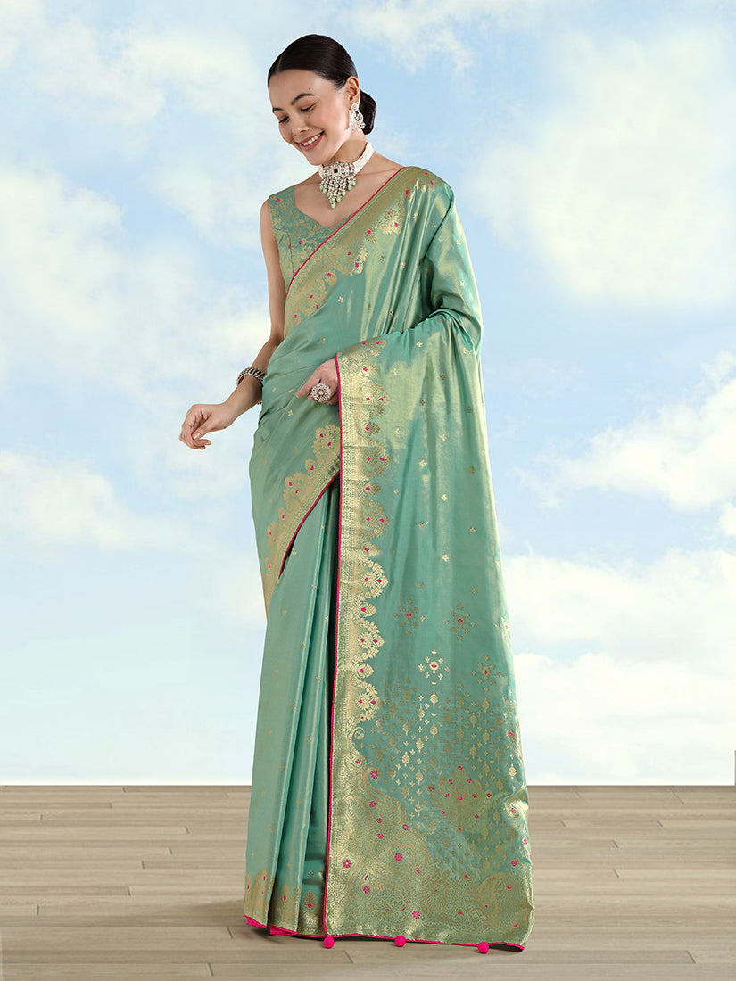 Monjolika Fashion Light Blue Color Paisley Zari Woven Banarasi Tissue Silk Saree | Grocsy