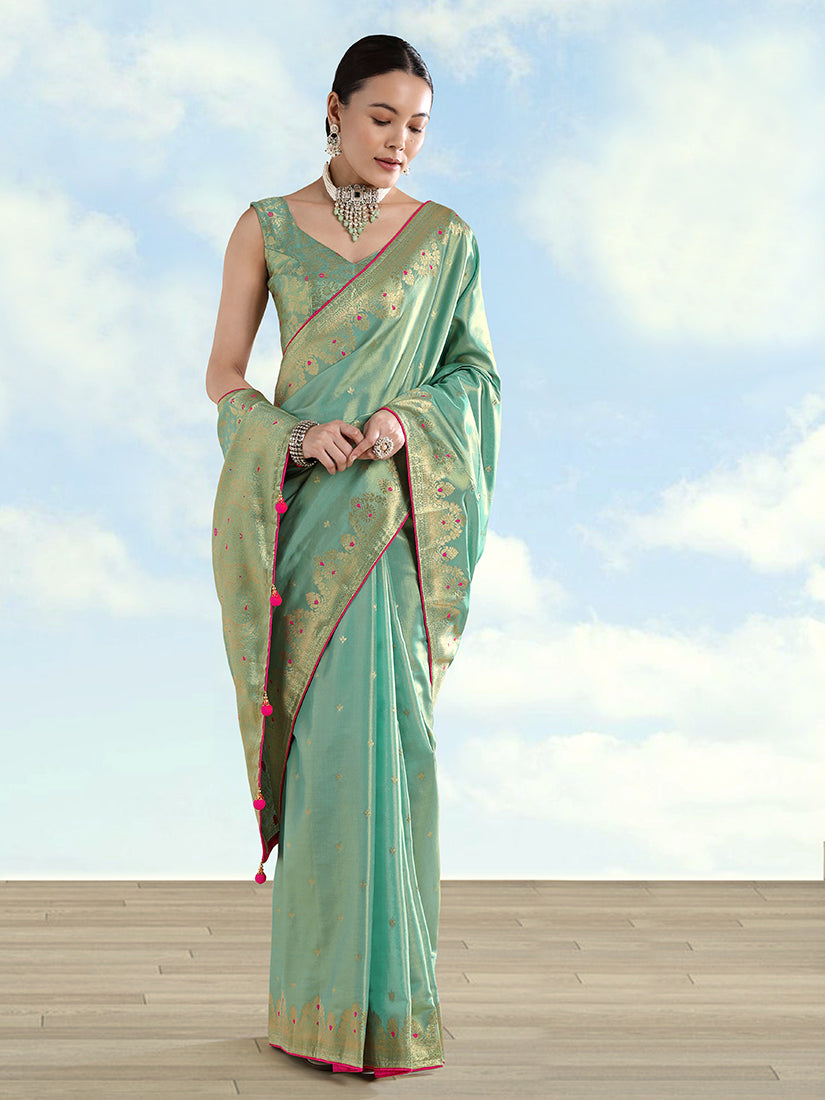 Monjolika Fashion Light Blue Color Paisley Zari Woven Banarasi Tissue Silk Saree | Grocsy