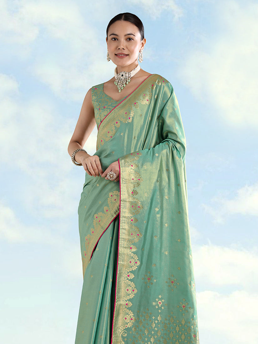 Monjolika Fashion Light Blue Color Paisley Zari Woven Banarasi Tissue Silk Saree | Grocsy