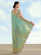 Monjolika Fashion Light Blue Color Paisley Zari Woven Banarasi Tissue Silk Saree | Grocsy
