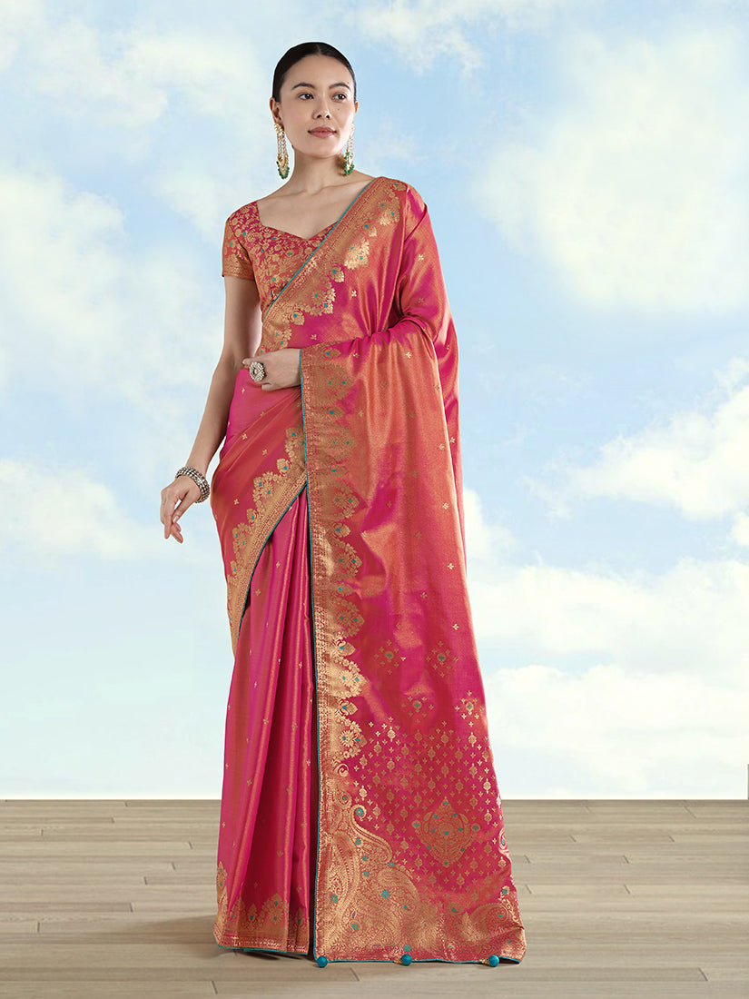 Monjolika Fashion Red Color Paisley Zari Woven Banarasi Tissue Silk Saree | Grocsy