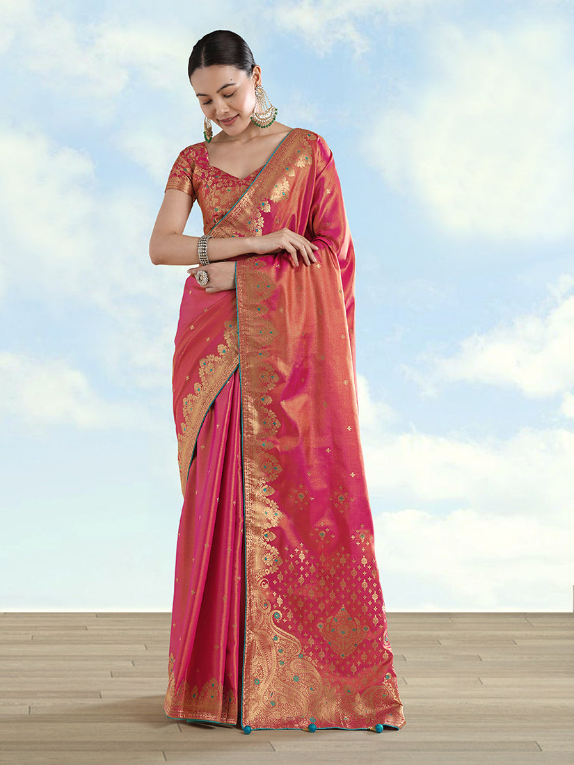 Monjolika Fashion Red Color Paisley Zari Woven Banarasi Tissue Silk Saree | Grocsy