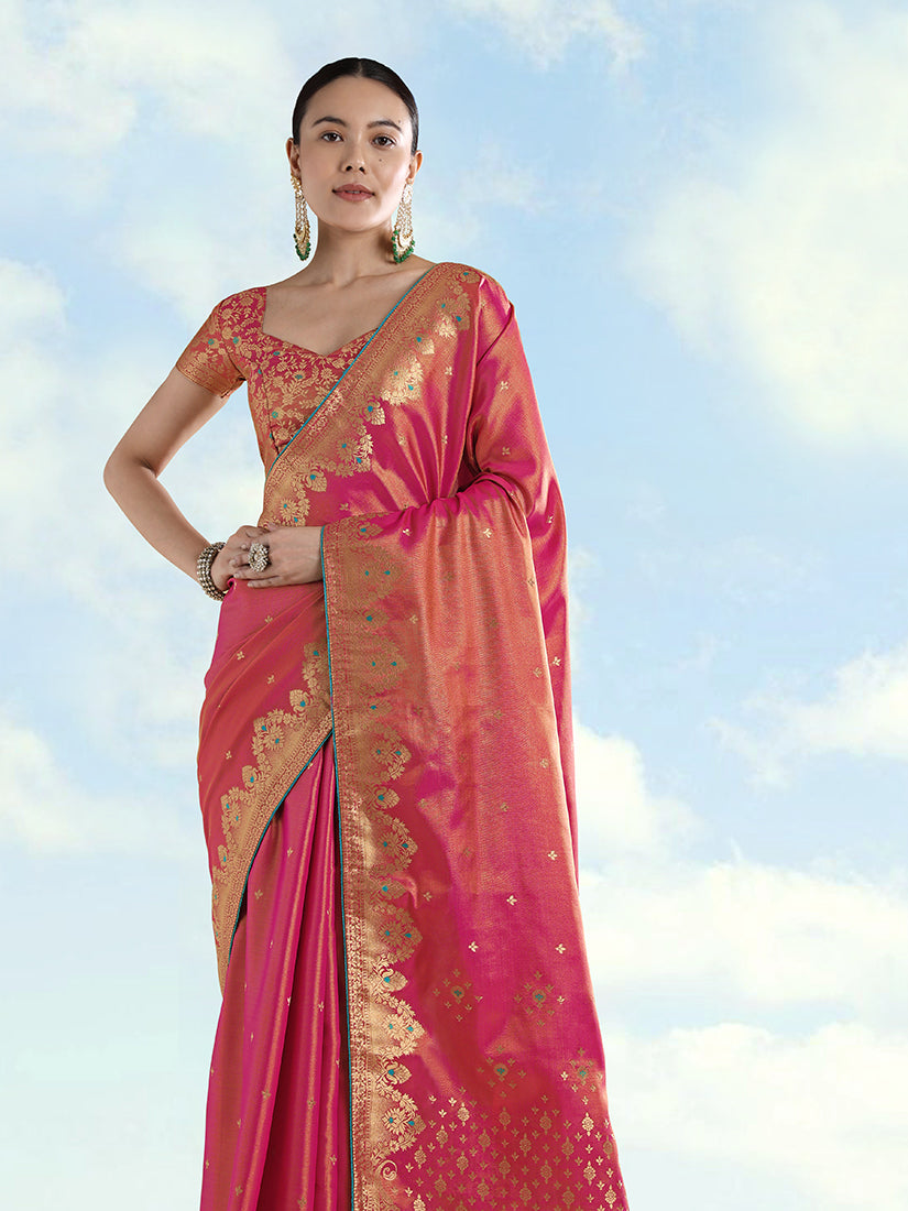 Monjolika Fashion Red Color Paisley Zari Woven Banarasi Tissue Silk Saree | Grocsy