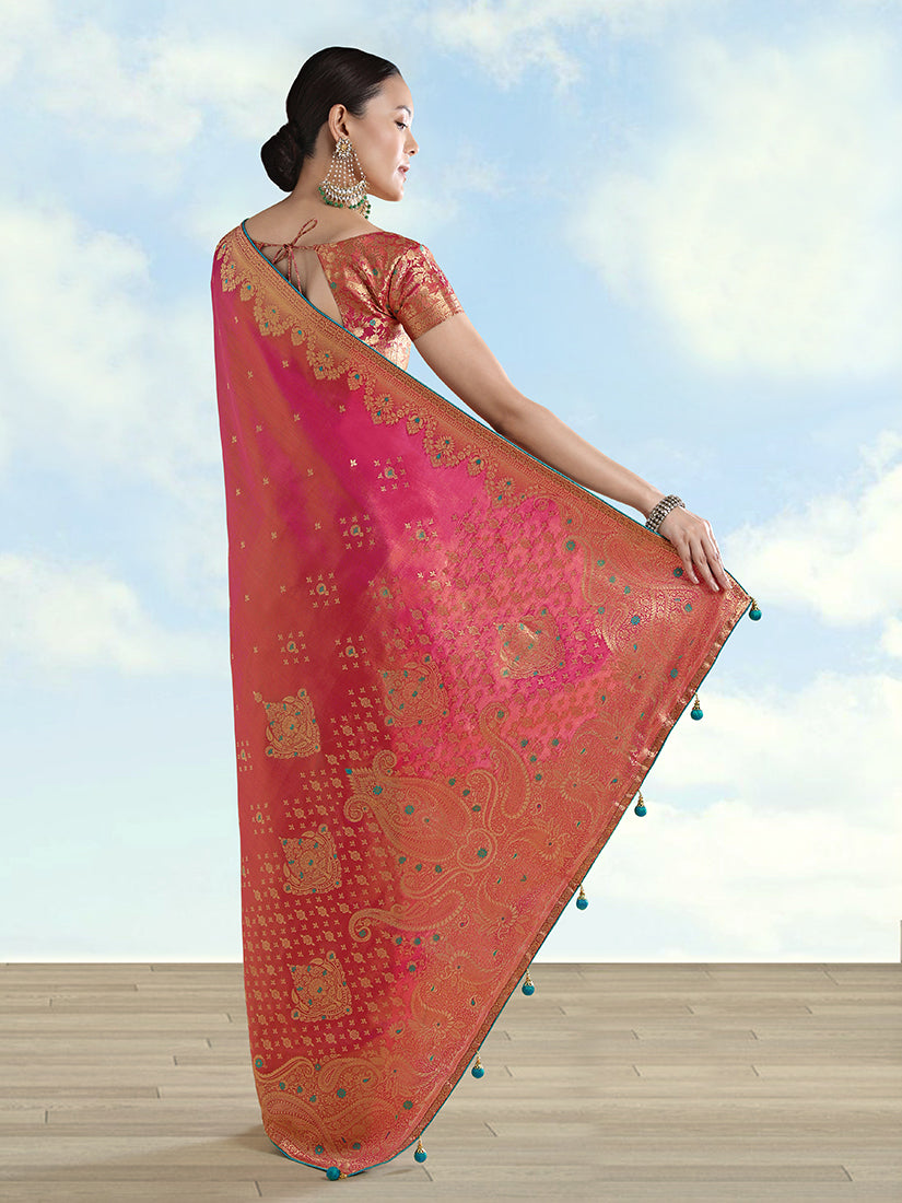 Monjolika Fashion Red Color Paisley Zari Woven Banarasi Tissue Silk Saree | Grocsy