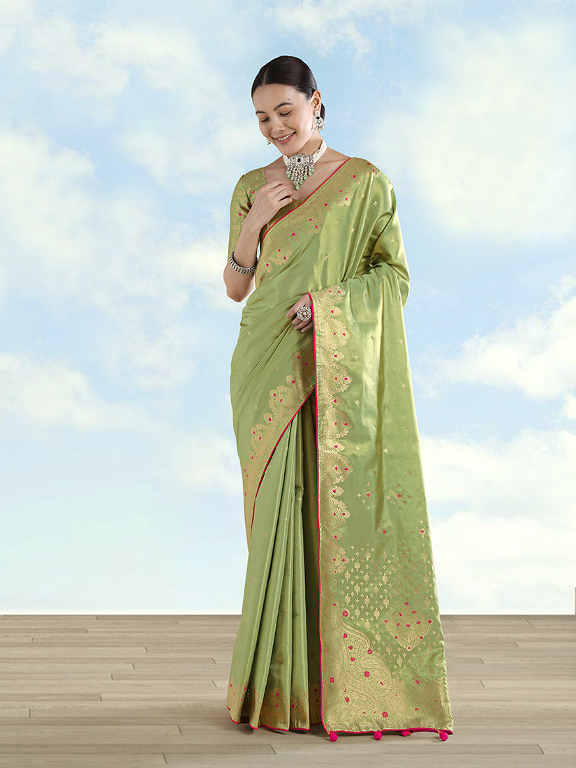 Monjolika Fashion Parrot Green Color Paisley Zari Woven Banarasi Tissue Silk Saree | Grocsy