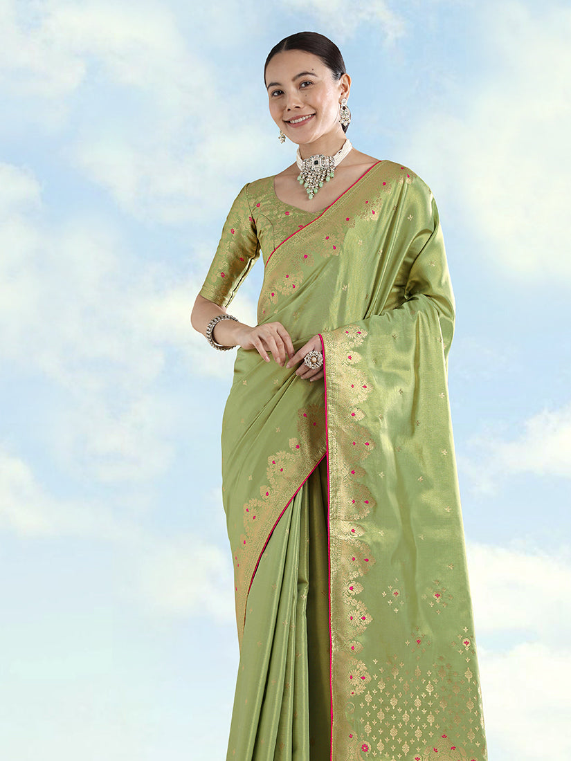 Monjolika Fashion Parrot Green Color Paisley Zari Woven Banarasi Tissue Silk Saree | Grocsy