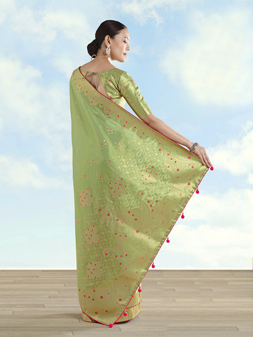 Monjolika Fashion Parrot Green Color Paisley Zari Woven Banarasi Tissue Silk Saree | Grocsy