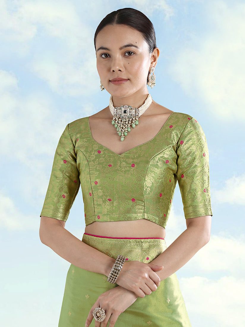 Monjolika Fashion Parrot Green Color Paisley Zari Woven Banarasi Tissue Silk Saree | Grocsy