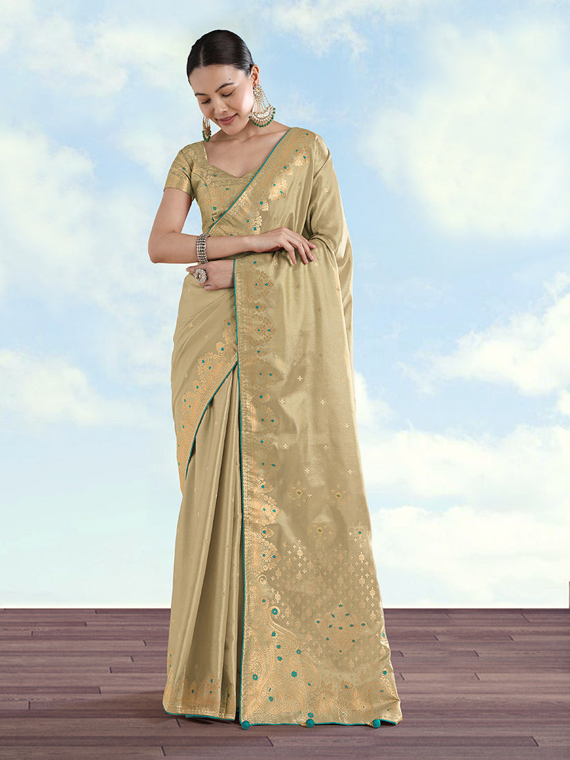 Monjolika Fashion Cream Color Paisley Zari Woven Banarasi Tissue Silk Saree | Grocsy