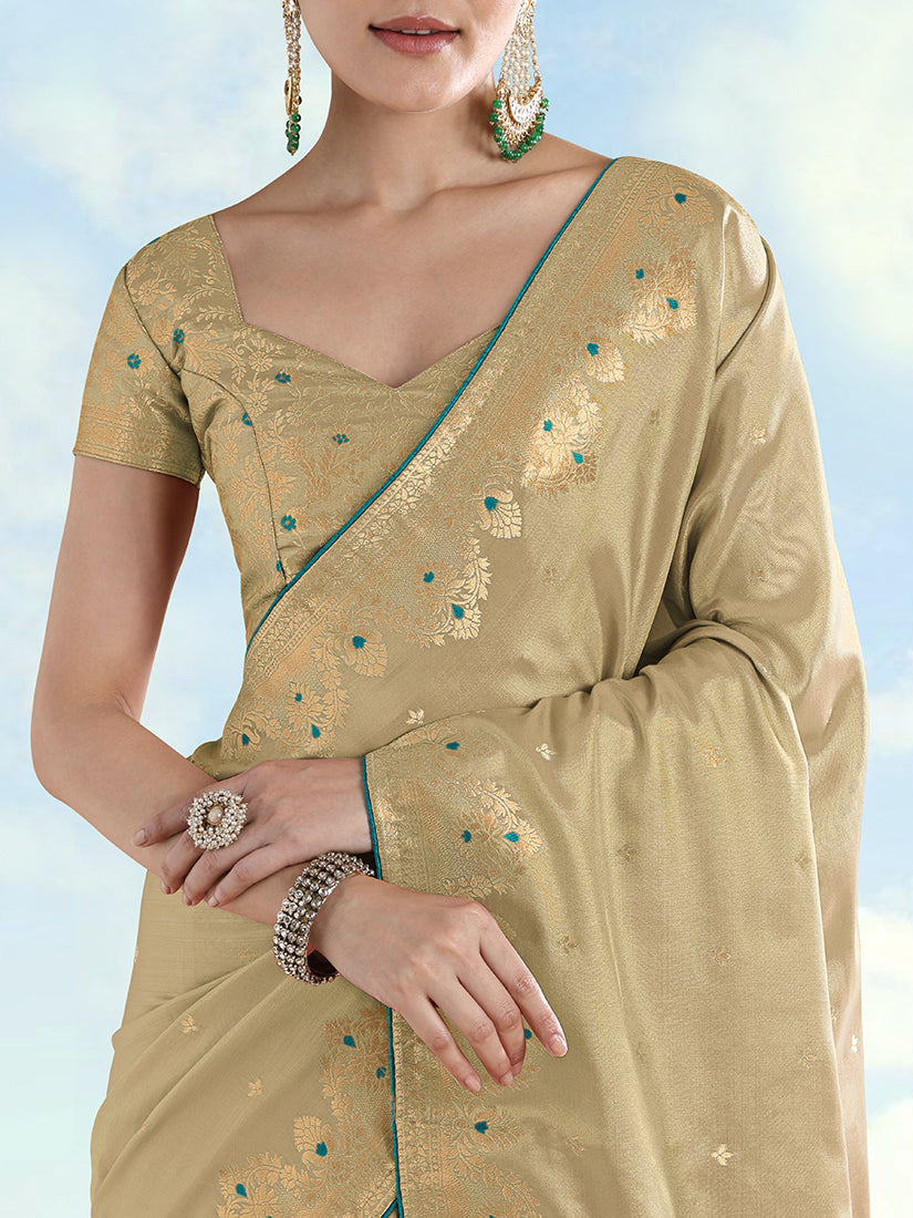 Monjolika Fashion Cream Color Paisley Zari Woven Banarasi Tissue Silk Saree | Grocsy
