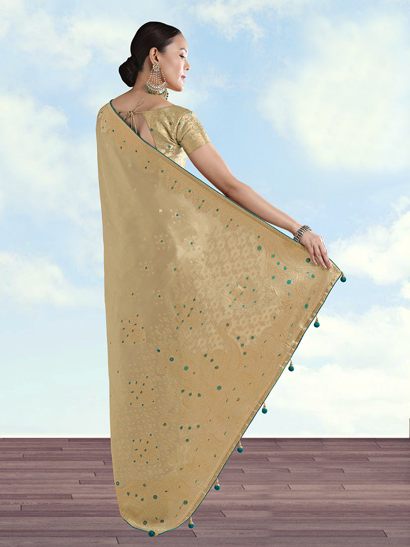 Monjolika Fashion Cream Color Paisley Zari Woven Banarasi Tissue Silk Saree | Grocsy