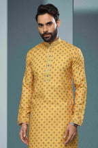 Raivat Ethnic Cotton Digital Print Pintux Work Kurta Pajama In Yellow Colour | Grocsy