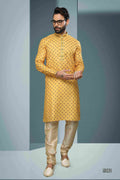 Raivat Ethnic Cotton Digital Print Pintux Work Kurta Pajama In Yellow Colour | Grocsy