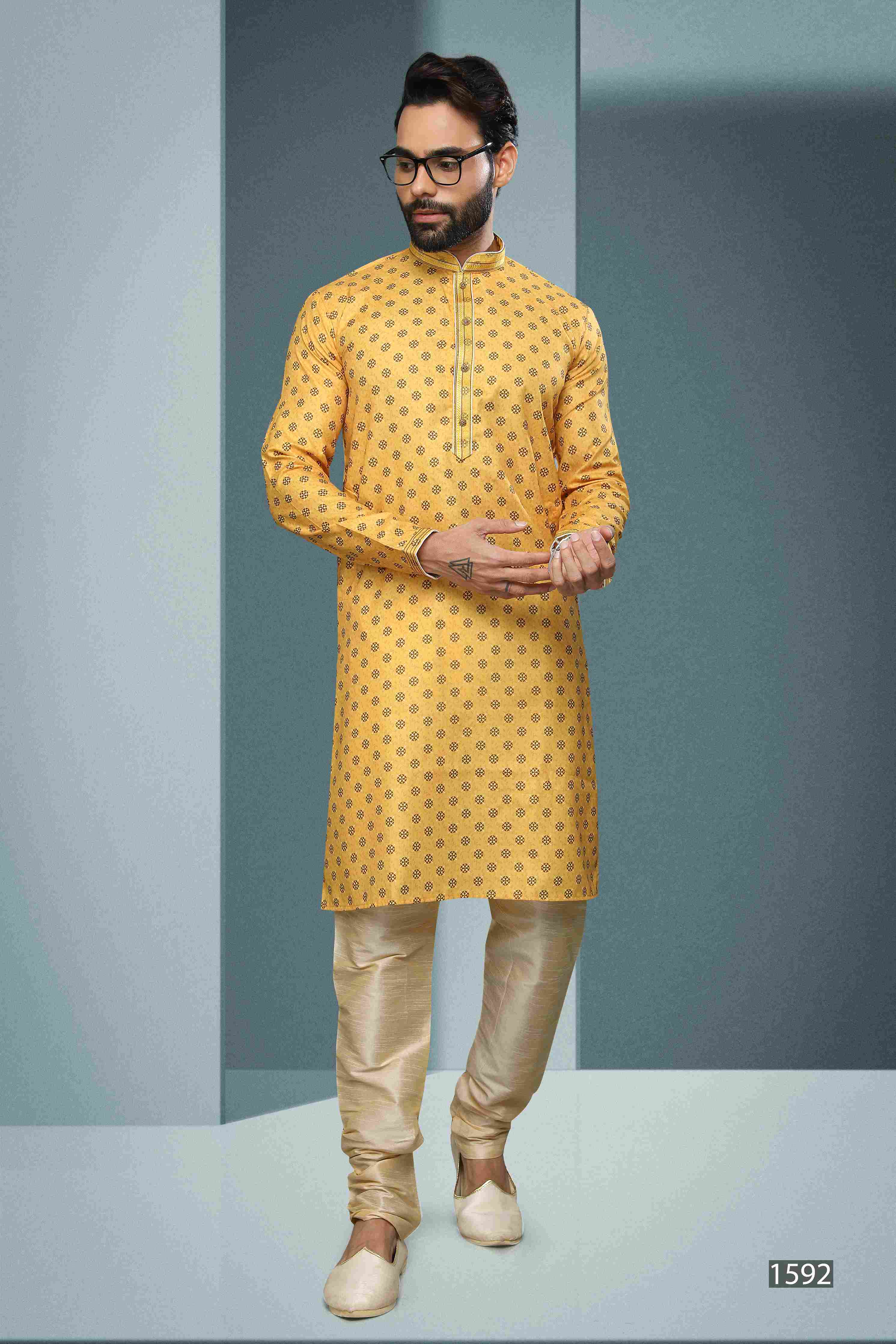 Raivat Ethnic Cotton Digital Print Pintux Work Kurta Pajama In Yellow Colour | Grocsy