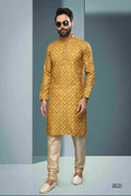 Raivat Ethnic Cotton Digital Print Pintux Work Kurta Pajama In Yellow Colour | Grocsy