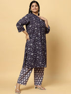 Sztori Plus Size Floral Printed Pure Cotton Straight Kurta with Trousers | Grocsy