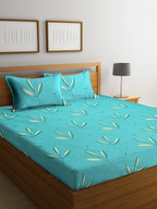 Home Sizzler Turquoise Blue & White Floral 144 TC Polyester 1 Queen Bedsheet with 2 Pillow Covers | Grocsy