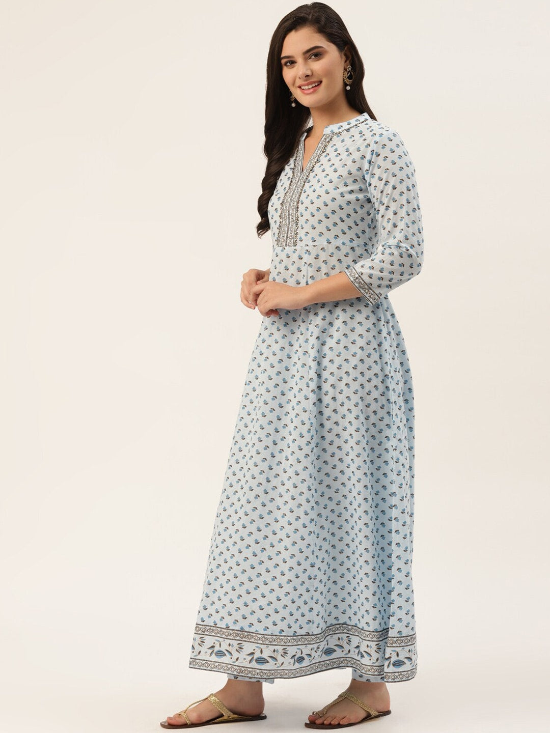 HERE&NOW Women Blue Floral Printed Pure Cotton Kurta with Trousers | Grocsy