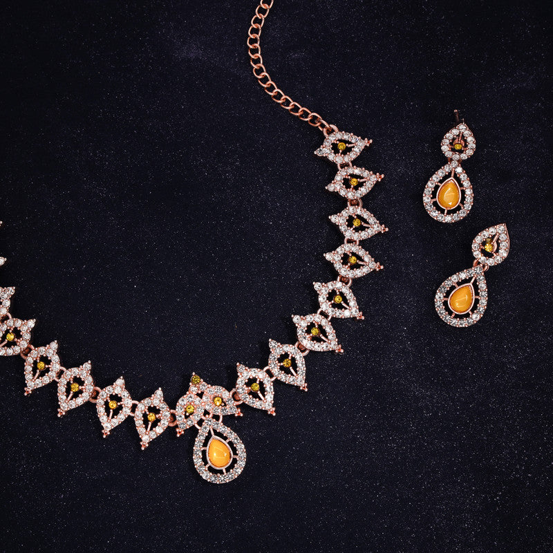Tehzeeb Creations Yellow Colour Ad Studded Necklace Jewellery Set With Matching Earrings For Women And Girls | Grocsy